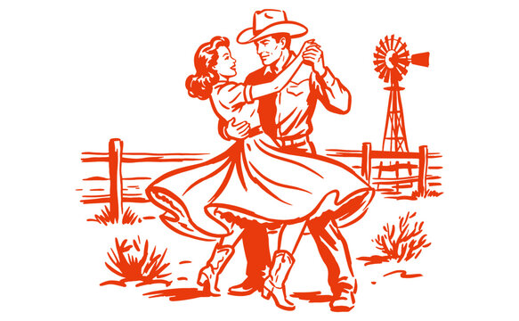 Vintage cowboy and cowgirl dancing on a ranch. Western square dance artwork for t-shirt print, posters, and country music theme.