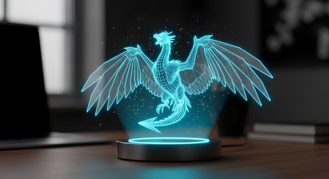 Futuristic Holographic Dragon Projection
Neon Blue Fantasy Dragon Display
Cyberpunk Dragon Hologram Concept
Glowing Mythical Dragon Technology Art
Digital Fantasy Creature Visualization
Sci Fi Dragon 