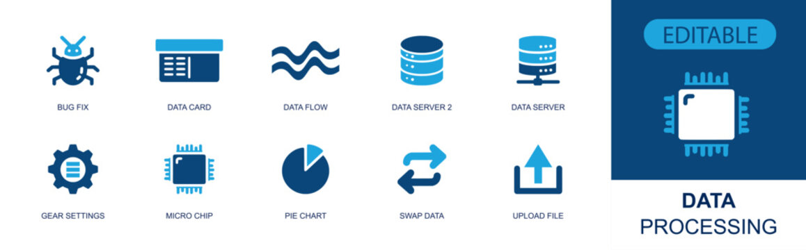 Data processing icon set. Containing bug fix, data card, data flow, database server, gear settings, micro chip, pie chart, data sync, upload file and more. Solid fill vector icons.
