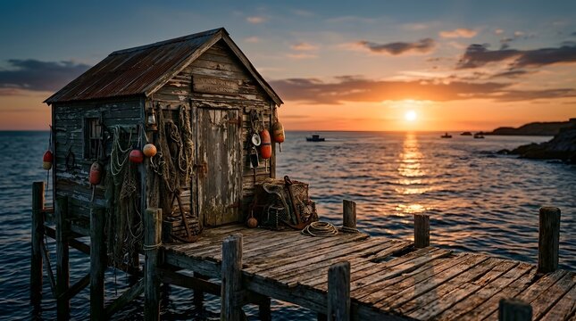 Coastal pier sunset view with rustic wooden shack