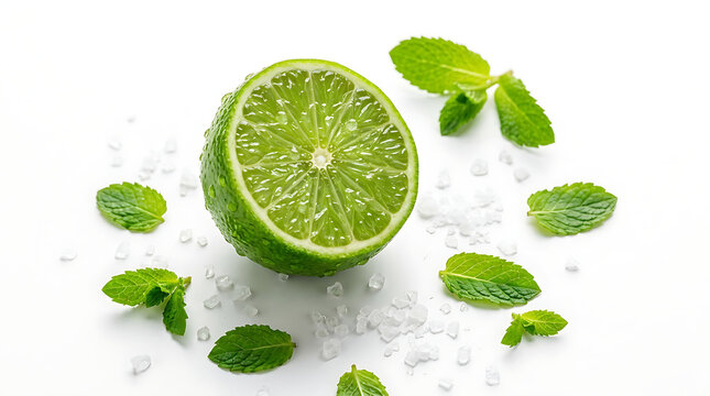 Halved lime with juicy green pulp surrounded by fresh mint leaves and ice crystals on a clean white background