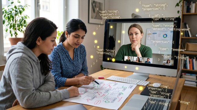 Analytical female data engineers reviewing and optimizing a database schema diagram during a video call