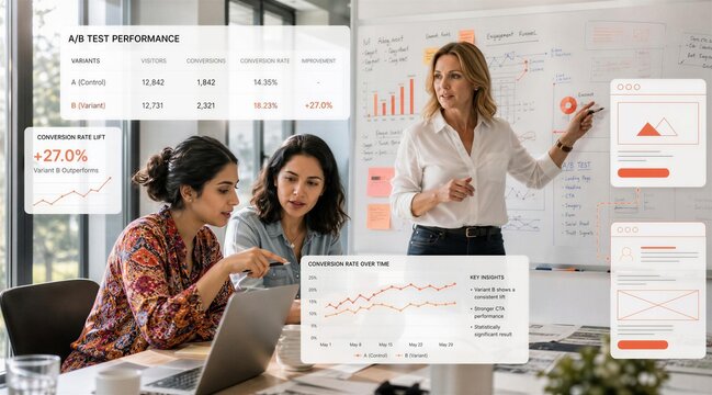 Analytical female business team reviewing and analyzing multivariate testing performance metrics on a whiteboard