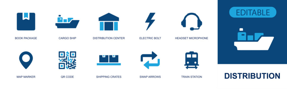 Distribution logistics icon set. Containing package, cargo ship, warehouse, headset, location pin, QR code, shipping crates, swap arrows, train station and more. Solid fill vector icons.