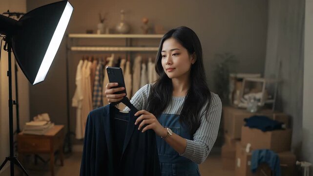 Fashion designer photographing blazer with smartphone for online store catalog in professional home studio setup using bright softbox lighting
