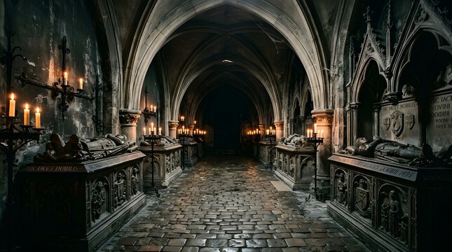 Dark Gothic Cemetery Hallway with Eternal Sleep and Graves