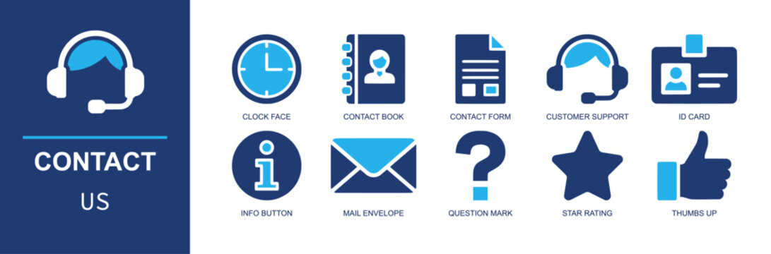 Contact us icon set. Containing clock, contact book, contact form, customer support, ID card, info button, mail envelope, question mark, star rating and more. Solid fill vector icons.