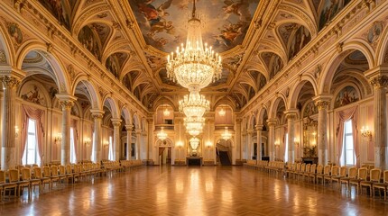 Obraz premium Grand opulent hall interior featuring historic parquet flooring and seating
