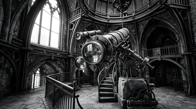 Grand Steampunk Telescope Inside Historical Observatory Room