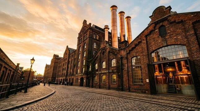 Historic brick brewery facade and cobbled street at sunrise