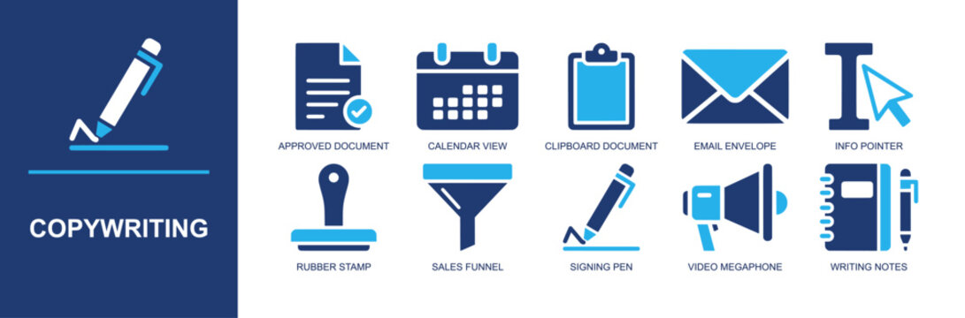 Copywriting icon set. Containing approved document, calendar, clipboard, email envelope, info pointer, rubber stamp, sales funnel, signing pen, megaphone and more. Solid fill vector icons.