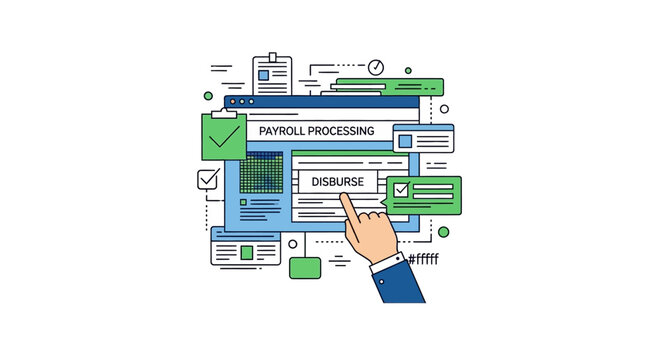 Vector illustration of digital payroll processing system. Efficient financial management, automated business operations, and secure online fund disbursement for streamlined transactions