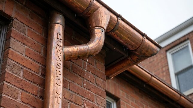 Copper gutter and downspout on brick house exterior.