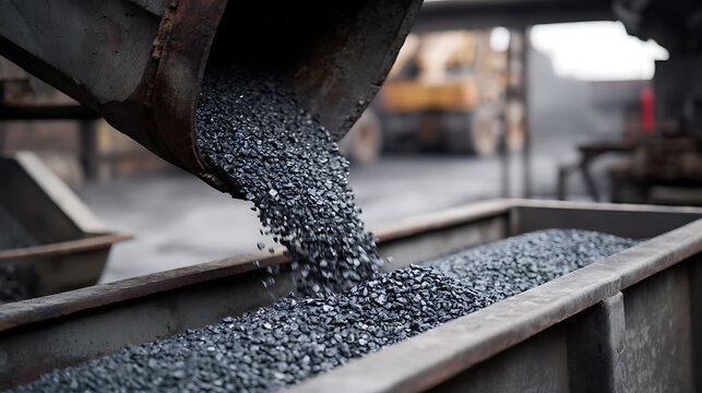 Industrial process of loading dark aggregate material or mineral ore into a large container or wagon at a factory or mine site with heavy equipment