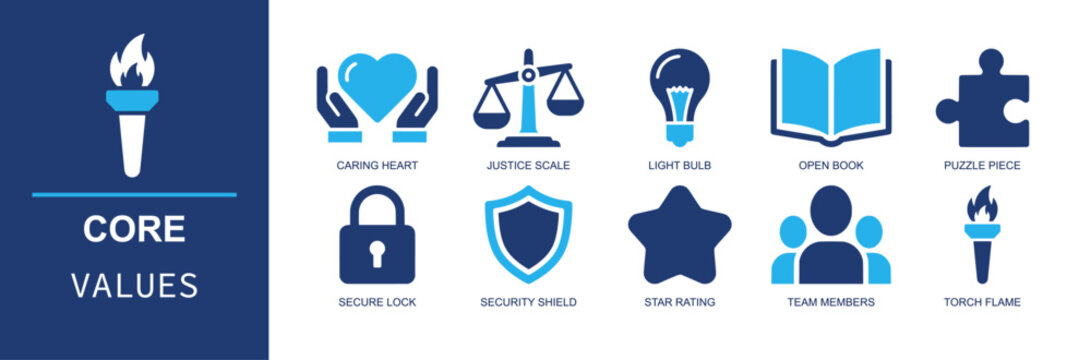 Core values icon set. Containing caring heart, justice scale, light bulb, open book, puzzle piece, secure lock, security shield, team members, torch flame and more. Solid fill vector icons.