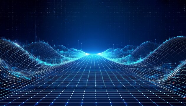 abstract digital technology grid on dark blue background futuristic network connection data transmission lines and geometric polygon structure representing ai iot and big data concepts