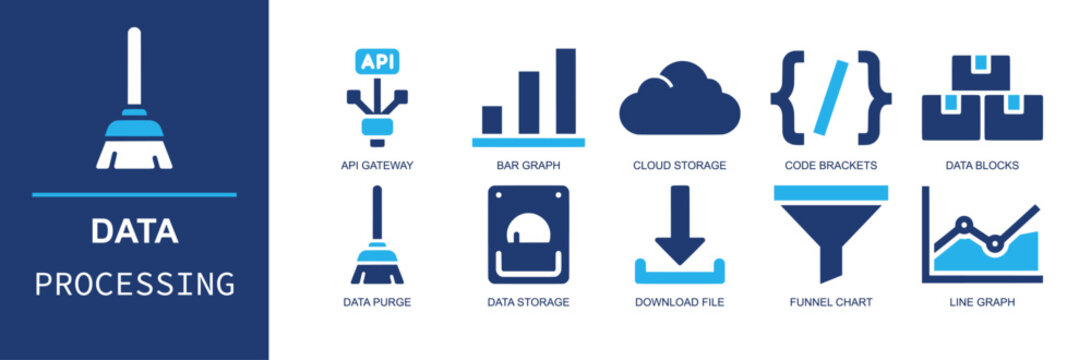 Data processing icon set. Containing API gateway, bar graph, cloud storage, code brackets, data blocks, data purge, data storage, download, funnel chart and more. Solid fill vector icons.