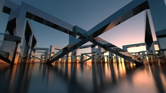Futuristic Abstract Architecture with Reflective Surfaces at Sunset.