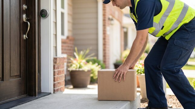 Delivery worker placing a cardboard package on a front porch near a smart doorbell camera