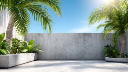 Fototapeta premium Sunlit modern concrete patio with minimalist tropical greenery, palms and planters against a clean wallbright sky, calm spacious backdrop perfect for design and product display