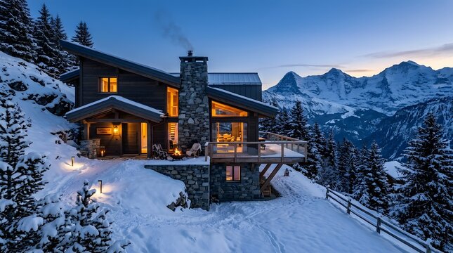 Luxury chalet overlooking snowy mountains at twilight