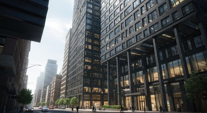 Edif&iacute;cios modernos de grande altura com vidro refletivo em um ambiente urbano.