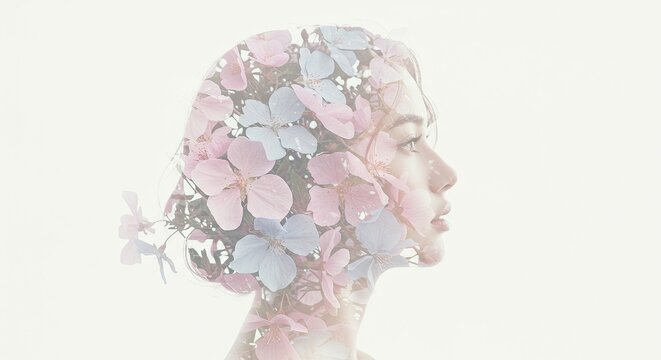 Silhueta de perfil feminino com sobreposi&ccedil;&atilde;o floral em tons pastel suaves.