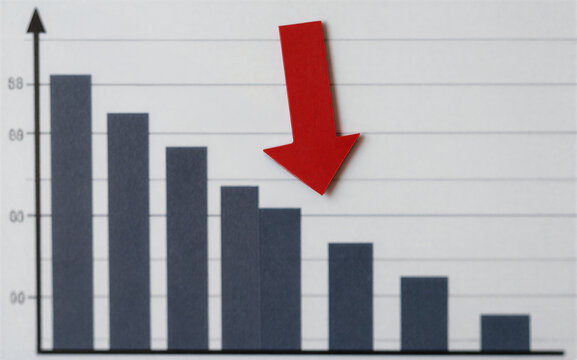 Declining sales trend shown by a red arrow pointing downward on a bar