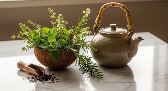 Composi&ccedil;&atilde;o de ch&aacute; de ervas com bule, tigela de madeira e colher sobre uma mesa.