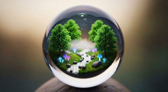 Paisagem em miniatura dentro de uma esfera de vidro, exibindo elementos da natureza.