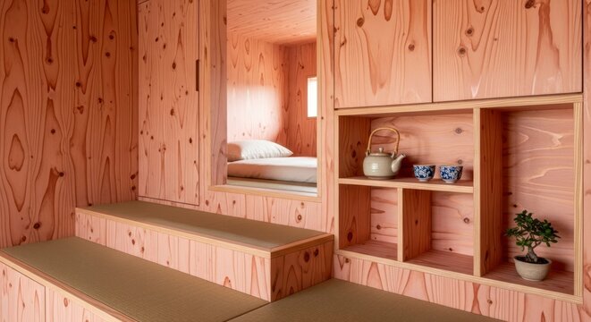 Interior minimalista com paredes de madeira e arm&aacute;rios embutidos com design art&iacute;stico.