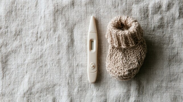 A pregnancy test sits next to a small knitted baby bootie on a white linen surface in soft natural light, conveying a simple announcement.