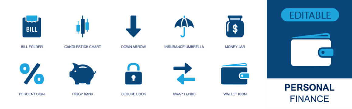 Personal finance icon set. Containing bill folder, chart, down arrow, insurance umbrella, money jar, percent sign, piggy bank, wallet, secure lock and more. Solid fill vector icons.