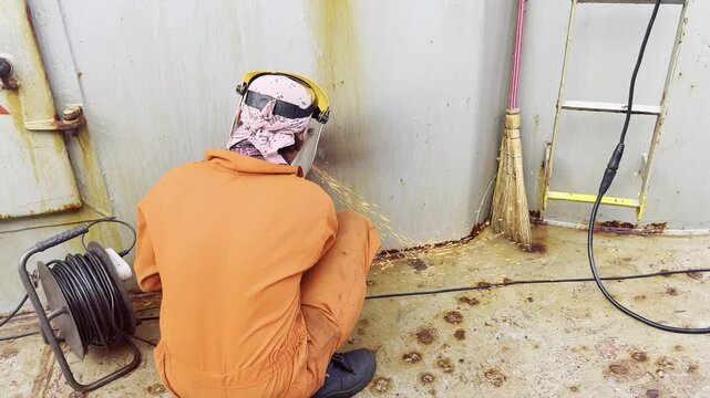 ship welder use electrical grinder for polish metal before welding. sparks stream , smock.