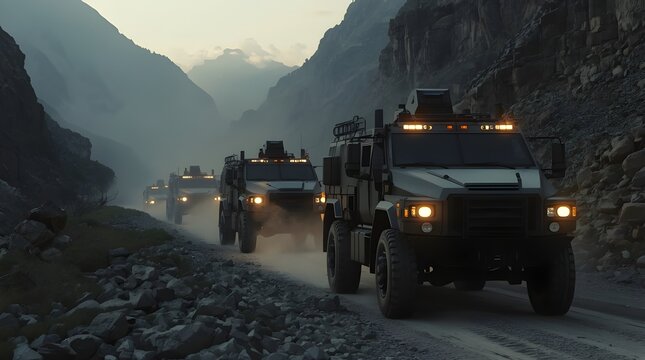 A wide angle cinematic shot of a convoy of heavily armored tactical vehicles driving through a rugged mountain pass at dawn.