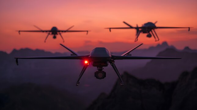 A cinematic photograph of three modern military surveillance drones flying in formation above a rugged mountain range at sunset, national security concept.