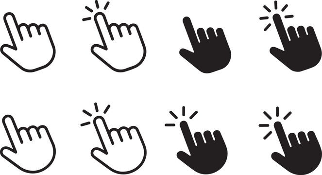Pointing hand icons set black and white outline style