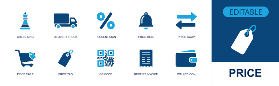 Price icon set. Containing delivery truck, percent sign, price bell, price swap, shopping cart, price tag, QR code, receipt invoice, digital wallet and more. Solid fill vector icons.