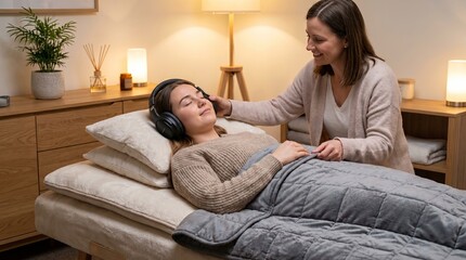 Fototapeta premium Young woman receiving sensory therapy with weighted blanket and headphones