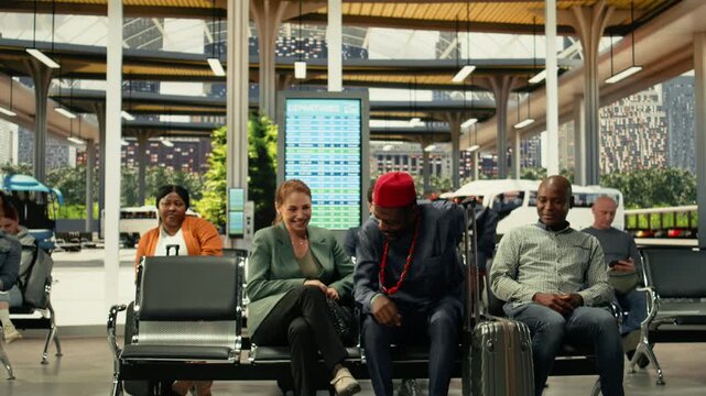 Crowded intercity bus terminal with passengers bumping into each other, rushing toward departure platforms. Dynamic transportation scene with tourists and fast-paced interaction in bus stop.