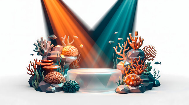 underwater stage with coral and brain sculptures