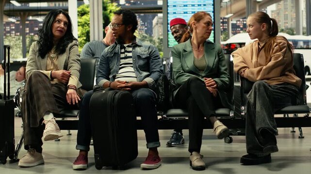 Diverse travelers waiting at busy bus station in metropolitan hall, waiting area filled with passengers. Public transportation creates constant movement and human flow, everyday travel.