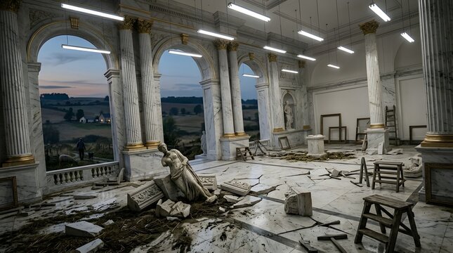 Abandoned Classical Roman Atrium with Ruined Grand Architecture