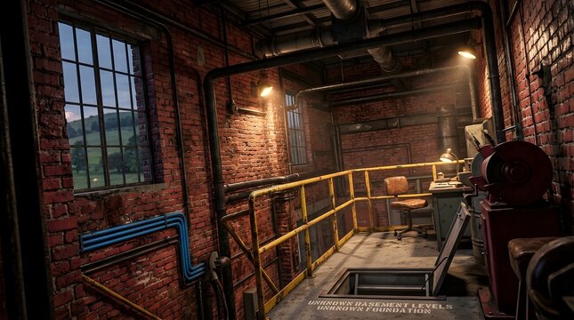Abandoned factory interior with industrial architecture and decay