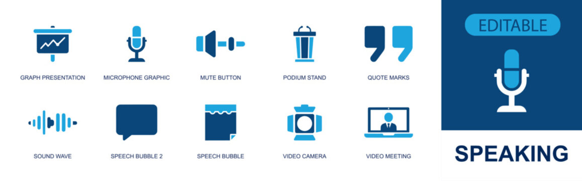 Speaking icon set. Containing graph presentation, microphone, mute button, podium stand, quote mark, sound wave, speech bubble, video camera, video meeting and more. Solid fill vector icons.