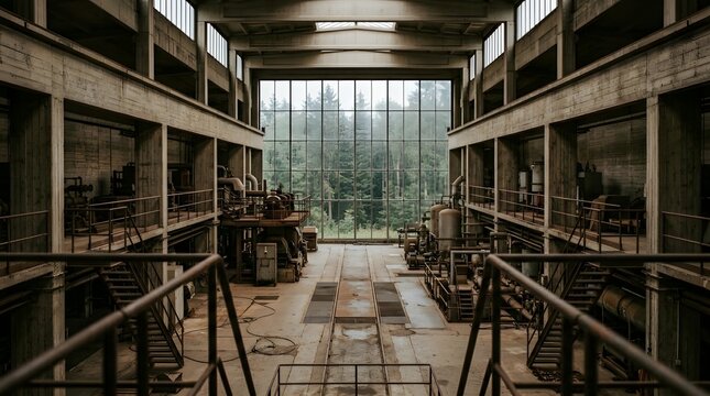 Abandoned industrial facility with large glass windows and stairs