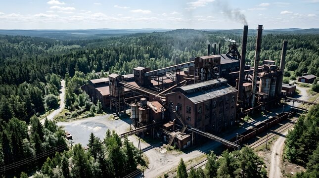 Abandoned Industrial Complex Surrounded by Lush Green Forest