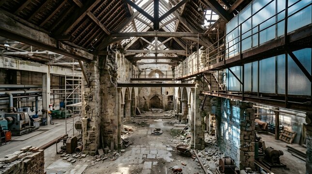 Abandoned industrial ruin structure with decaying architecture