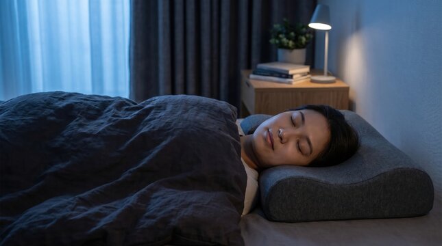 Young woman sleeping deeply on a contoured memory foam pillow in a dark bedroom at night