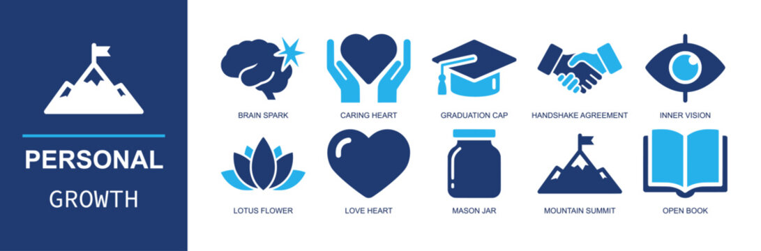 Personal growth icon set. Containing brain spark, caring heart, grad cap, handshake, inner vision, lotus flower, mason jar, mountain summit, open book and more. Solid fill vector icons.